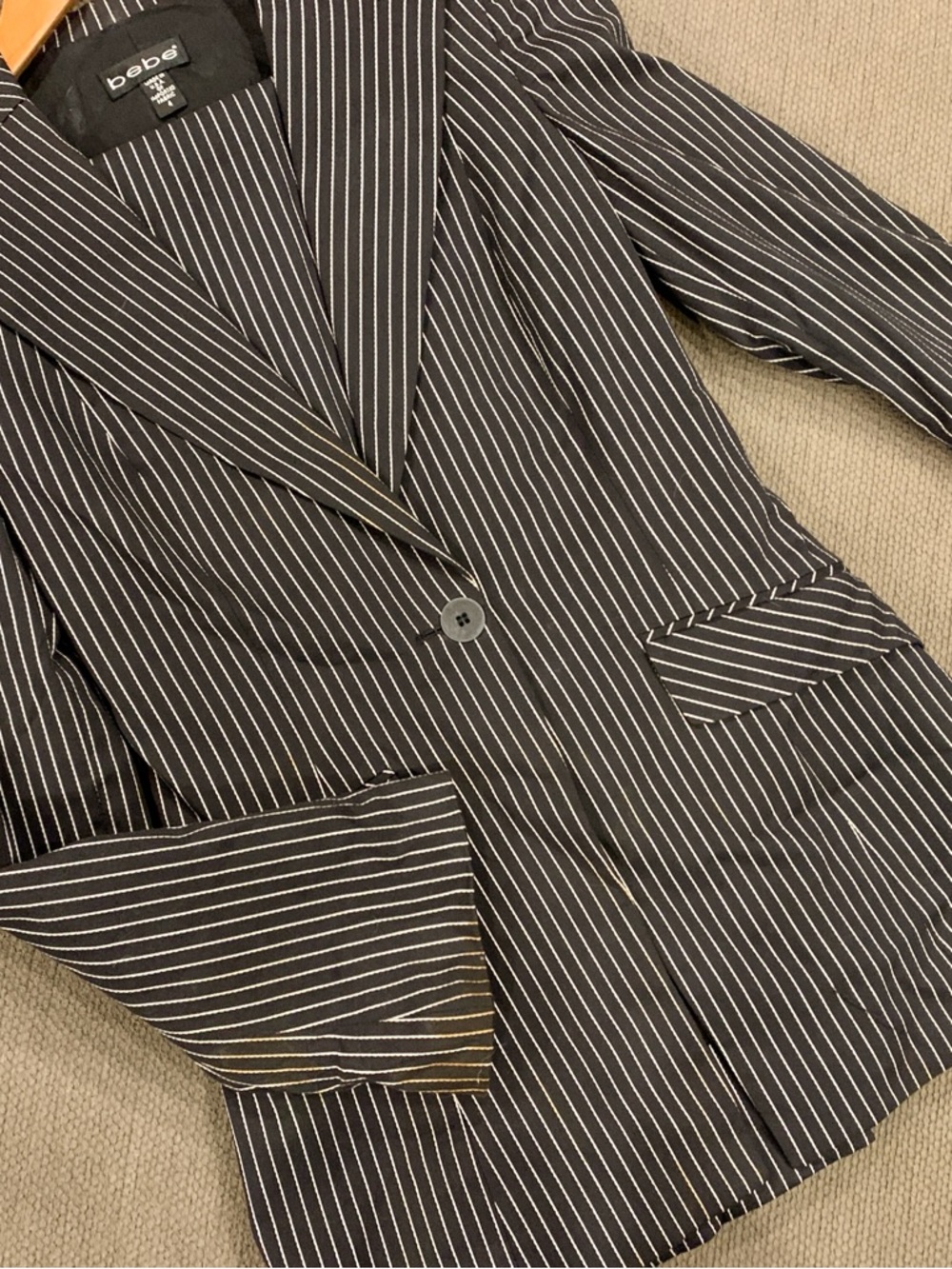 bebe Suit, Black Pinstripe Single-Button Blazer and Pants